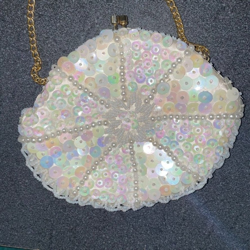 Antique white beaded sequin & pearl evening purse Le Jule - Picture 3 of 16